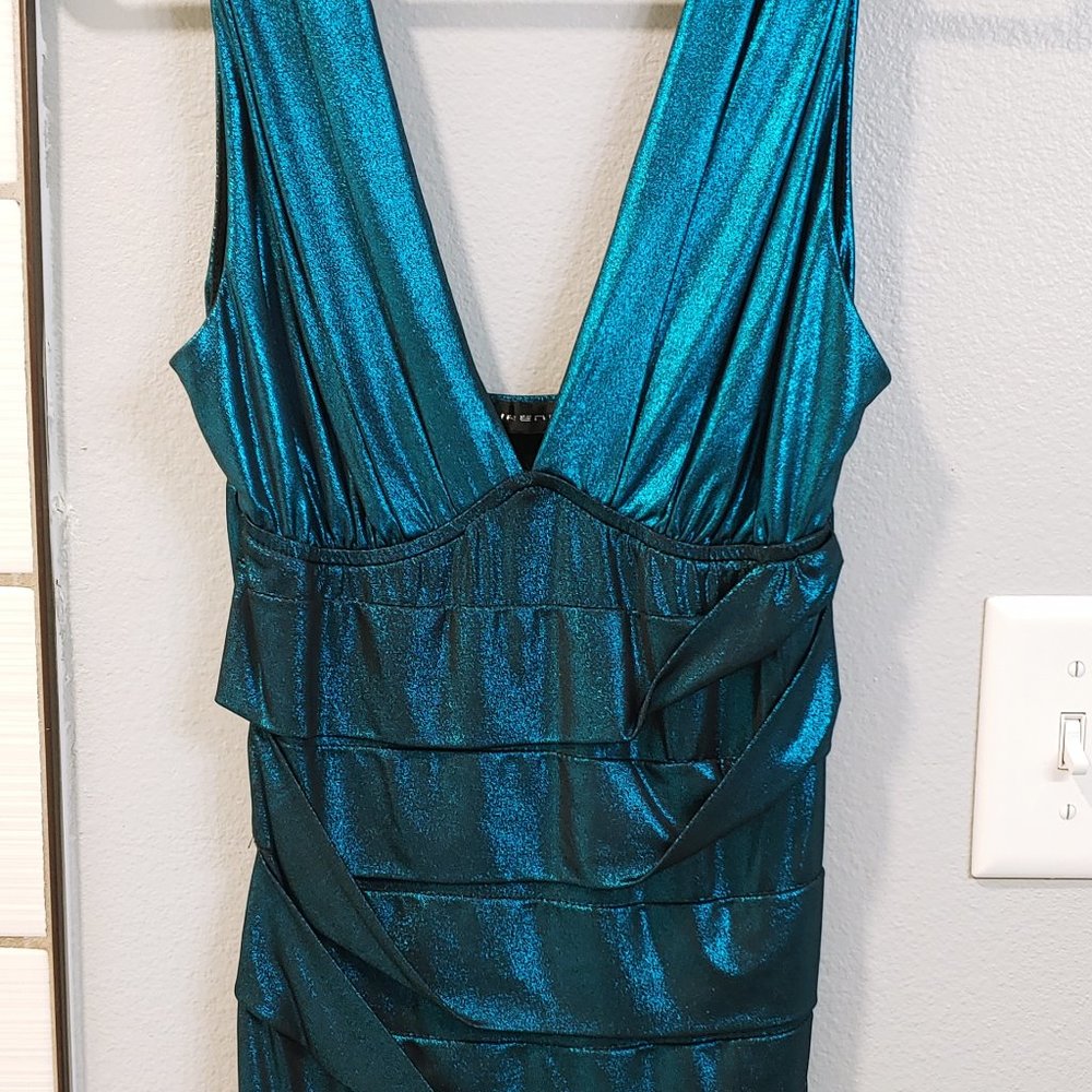 Teal metallic body con dress